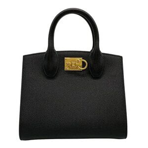 Authentic Salvatore Ferragamo Studio Box Black Leather Handbag bran931-111425